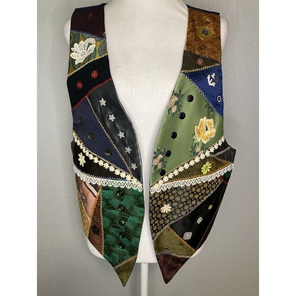 Handmade Jackets & Blazers - Vest Patchwork Womens L Open Handmade Appliqué Buttons Lace Granny Cottagecore